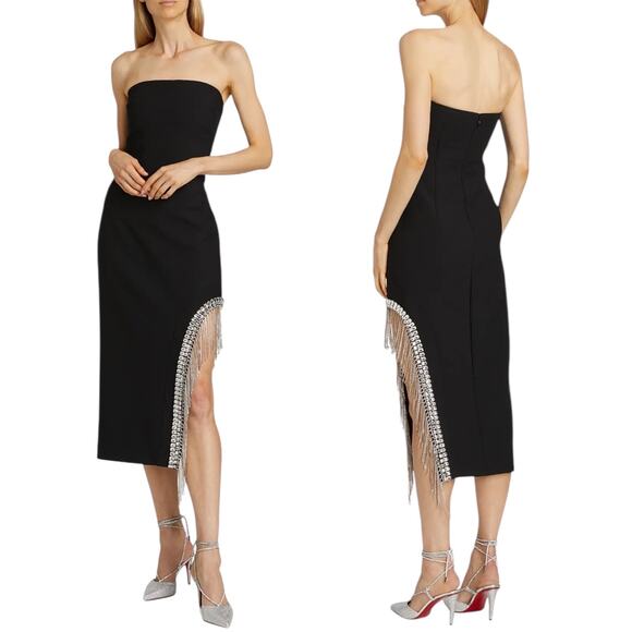 Cinq a Sept Strapless Rhinestone Fringed Sammy Midi Dress Black Size 6 - Picture 1 of 15